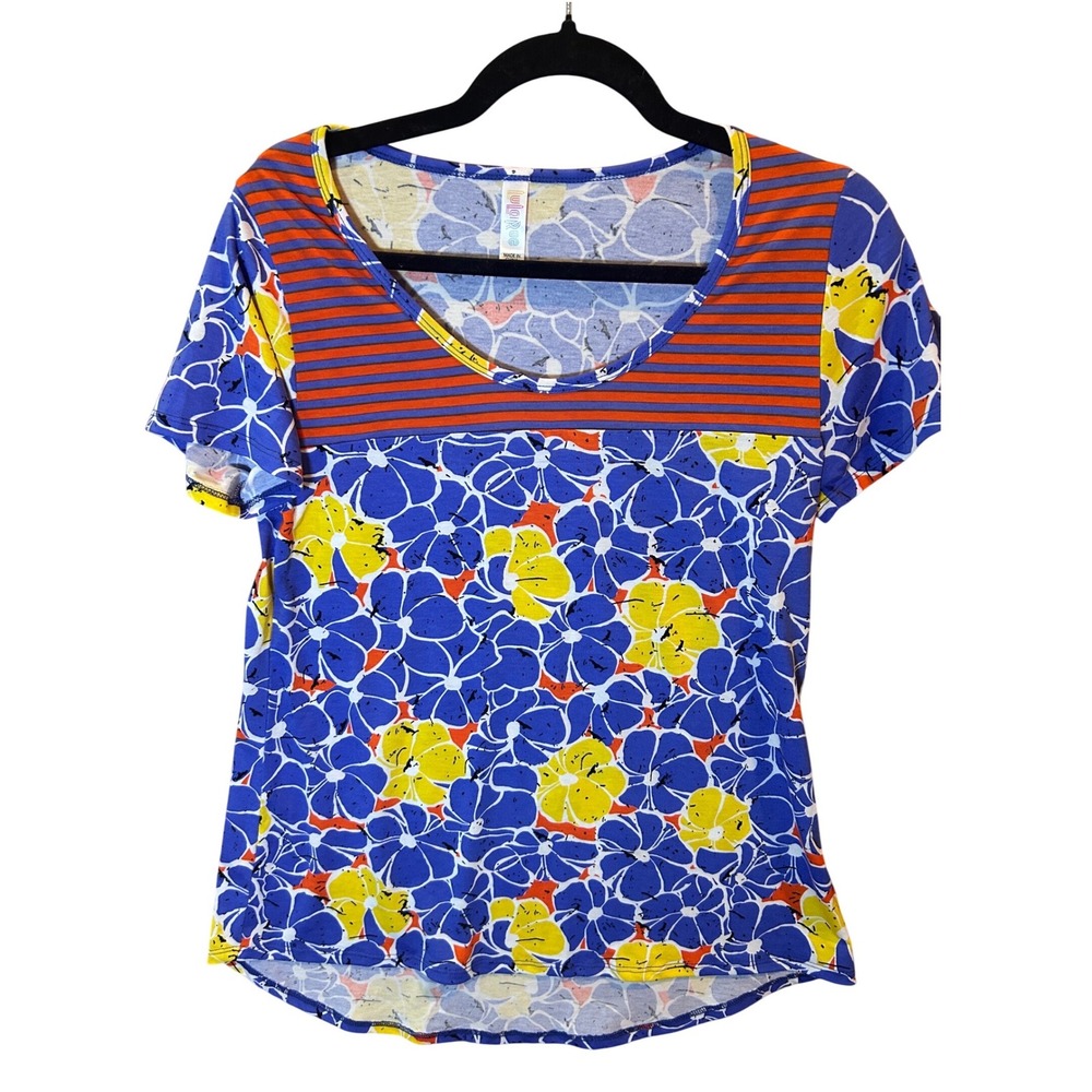 LuLaRoe Randy Tee Womens XS Blue Yellow Floral Orange Striped New With Tags NWT